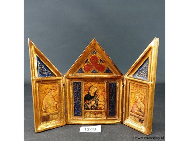 Goudverguld houten drieluik, waarschijnlijk een florentijns reisaltaartje uit de 20e eeuw, met voorstellingen van de madonna met kind - afbeelding 1 van  5