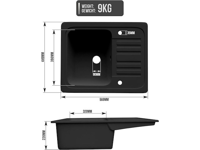 Granieten spoelbak met afvoerset, kraan en omkeerbare afdruip aqua marin, grspl02sw-sw, zwart - afbeelding 1 van  6