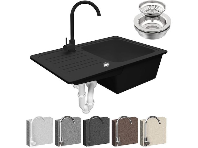 Granieten spoelbak met afvoerset, kraan en omkeerbare afdruip aqua marin, grspl02sw-sw, zwart - afbeelding 2 van  6