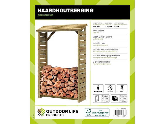 Grenen haardhoutberging geïmpregneerd - 39x120x185 cm (2x) - afbeelding 3 van  3