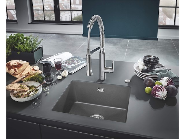 Grohe k500 composiet dubbele spoelbak 86cm inbouw met overloop en automatische afvoer granite black - afbeelding 2 van  5
