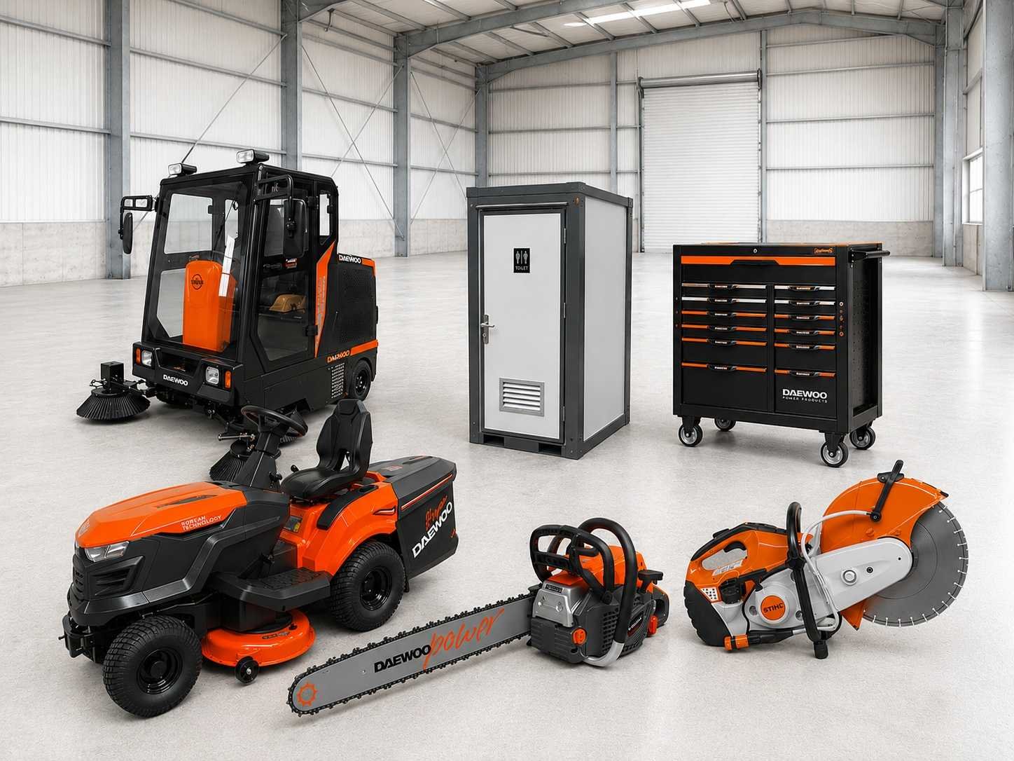 Grondverzetmachines, stihl tuingereedschappen, heftrucks, en kantoorunits