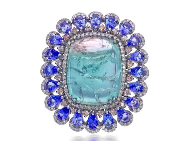 Groot uitgevoerde art-deco ring met natuurlijke diamanten een grote tourmalijn en tanzanieten - afbeelding 1 van  6