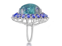 Groot uitgevoerde art-deco ring met natuurlijke diamanten een grote tourmalijn en tanzanieten - afbeelding 3 van  6