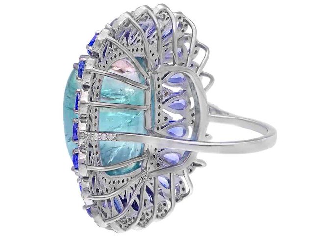 Groot uitgevoerde art-deco ring met natuurlijke diamanten een grote tourmalijn en tanzanieten - afbeelding 4 van  6
