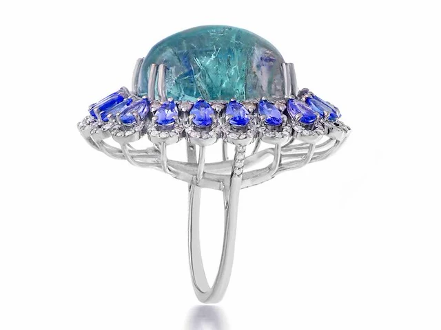 Groot uitgevoerde art-deco ring met natuurlijke diamanten een grote tourmalijn en tanzanieten - afbeelding 3 van  6