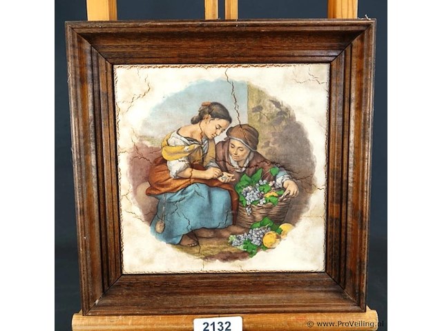 Grote keramische wandtegel in houten lijst - afbeelding 1 van  5