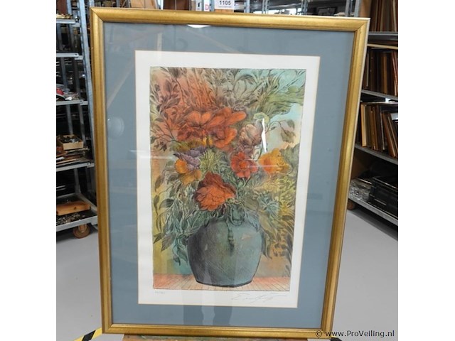 Grote kleurenlithografie getiteld "blumen in vase" 32/100 gesigneerd ernst fuchs (1930–2015). - afbeelding 2 van  5