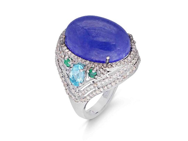 Grote ovaal gevormde ring met een tanzaniet, topazen, smaragden en natuurlijke diamanten - afbeelding 1 van  5