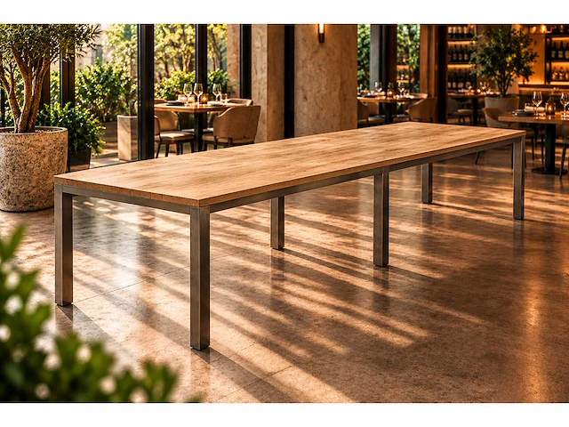 Grote restauranttafel rvs en teak - afbeelding 1 van  5