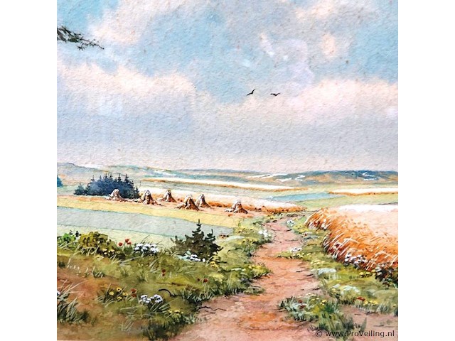 Grote, rustgevende aquarel achter glas in een houten lijst met passe-partout. [1] - afbeelding 1 van  4