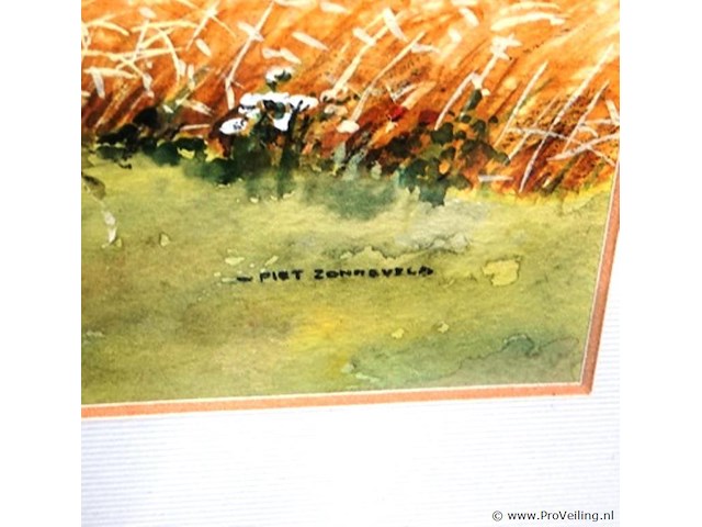 Grote, rustgevende aquarel achter glas in een houten lijst met passe-partout. [1] - afbeelding 2 van  4