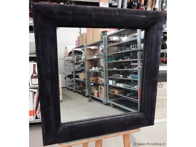 Grote vierkante spiegel in met stof beklede houten lijst - afbeelding 2 van  5