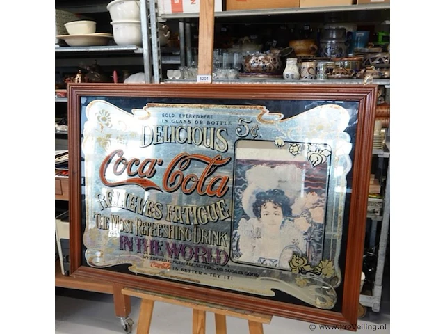 Grote vintage coca-cola reclamespiegel in een houten lijst - afbeelding 2 van  6