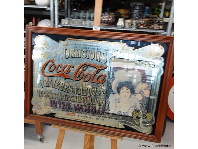 Grote vintage coca-cola reclamespiegel in een houten lijst - afbeelding 3 van  6