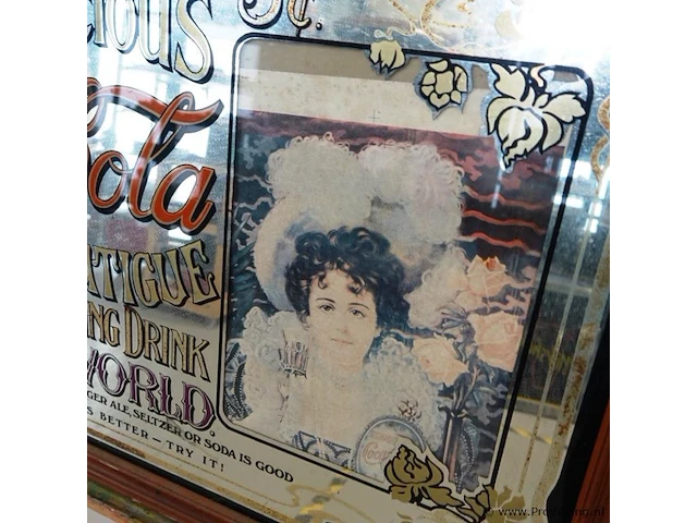 Grote vintage coca-cola reclamespiegel in een houten lijst - afbeelding 4 van  6