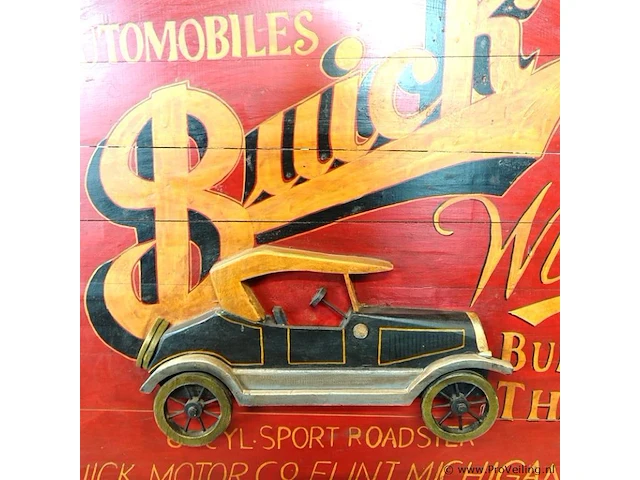 Grote vintage houten buick-reclamebord met een opvallend driedimensionaal model van een klassieke roadster en de iconische slogan "when better automobiles are built buick will build them" - afbeelding 3 van  6