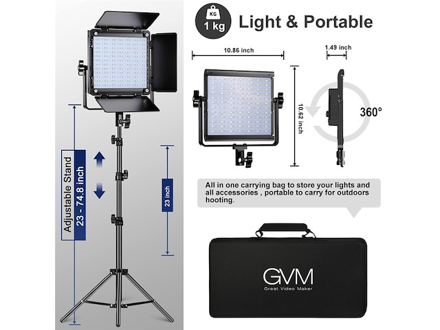Gvm led-videolamp met statief, app-bediening, 800d rgb, videolicht, dimbaar - afbeelding 2 van  5