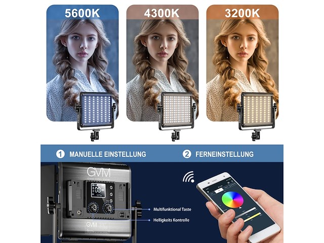 Gvm led-videolamp met statief, app-bediening, 800d rgb, videolicht, dimbaar - afbeelding 3 van  5