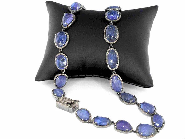 Halscollier met schakels van natuurlijke diamanten en tanzanieten - afbeelding 4 van  8