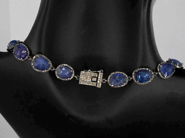 Halscollier met schakels van natuurlijke diamanten en tanzanieten - afbeelding 6 van  8