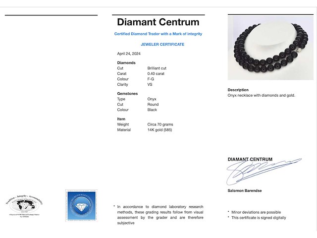 Halsketting met onix edelsteen en een witgouden sluiting met diamant - afbeelding 3 van  9
