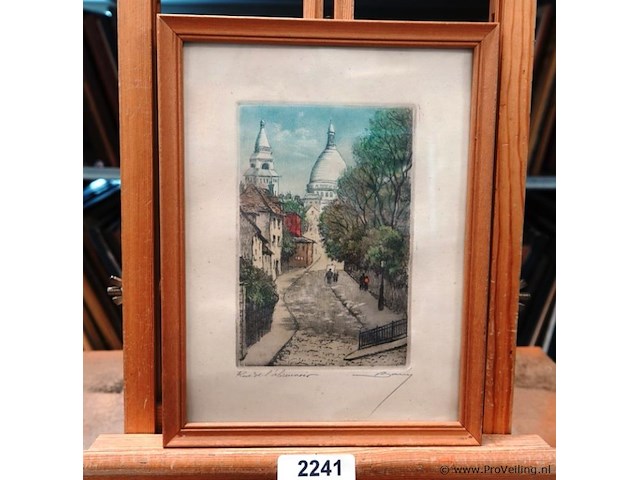 Hand gekleurde ets van de sacré-cœur in montmartre, parijs. - afbeelding 1 van  5