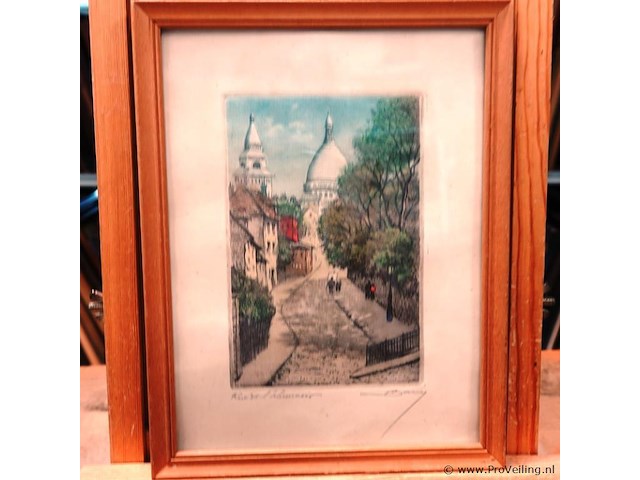 Hand gekleurde ets van de sacré-cœur in montmartre, parijs. - afbeelding 2 van  5