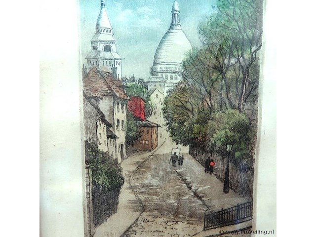 Hand gekleurde ets van de sacré-cœur in montmartre, parijs. - afbeelding 3 van  5