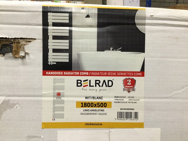 Handdoekradiator 180x50 cm, belrad, bucw1800500, wit - afbeelding 2 van  2