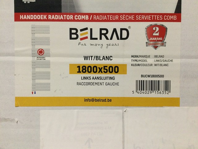Handdoekradiator 180x50 cm, belrad, bucw1800500, wit - afbeelding 4 van  4