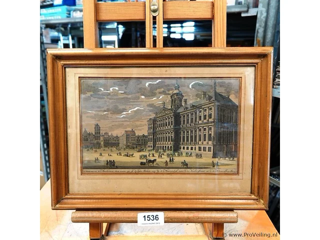 Handgekleurde gravure van het voormalige stadhuis van amsterdam (het huidige koninklijk paleis amsterdam) op de dam - afbeelding 1 van  5