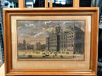 Handgekleurde gravure van het voormalige stadhuis van amsterdam (het huidige koninklijk paleis amsterdam) op de dam