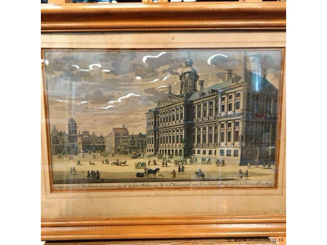 Handgekleurde gravure van het voormalige stadhuis van amsterdam (het huidige koninklijk paleis amsterdam) op de dam - afbeelding 2 van  5