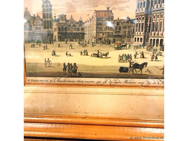 Handgekleurde gravure van het voormalige stadhuis van amsterdam (het huidige koninklijk paleis amsterdam) op de dam - afbeelding 3 van  5