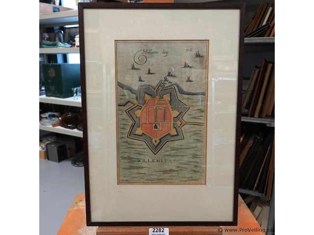 Handgekleurde kopergravure, getiteld willemstad, gemaakt door de cartograaf joan blaeu. - afbeelding 1 van  5