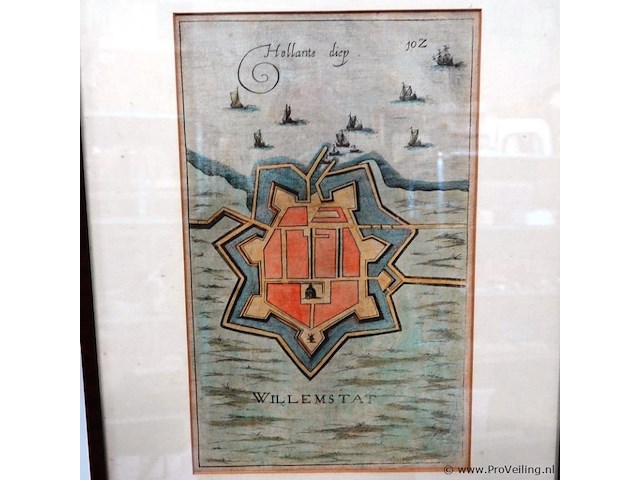 Handgekleurde kopergravure, getiteld willemstad, gemaakt door de cartograaf joan blaeu. - afbeelding 2 van  5
