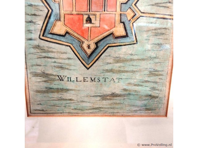 Handgekleurde kopergravure, getiteld willemstad, gemaakt door de cartograaf joan blaeu. - afbeelding 4 van  5