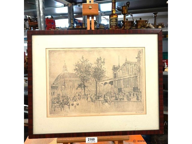 Handgesigneerde ets getiteld “vismarkt, lutherse kerk” - afbeelding 1 van  5