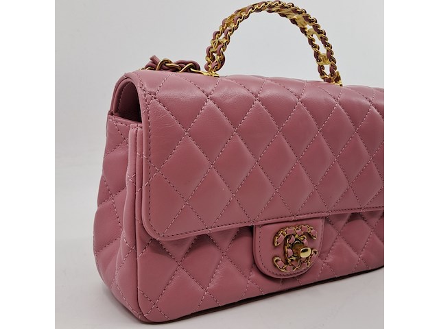 Handtas, chanel, mini flapbag, roze - afbeelding 6 van  13