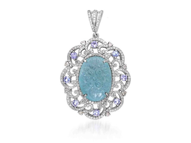 Hanger met aquamarijn natuurlijke diamanten en tanzanieten - afbeelding 2 van  4