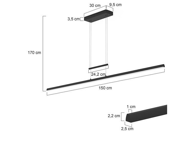 Hanglamp 150 cm breed | 2100 lumen, steinhauer, profilo 3318zw, zwart, 2026 - afbeelding 3 van  6