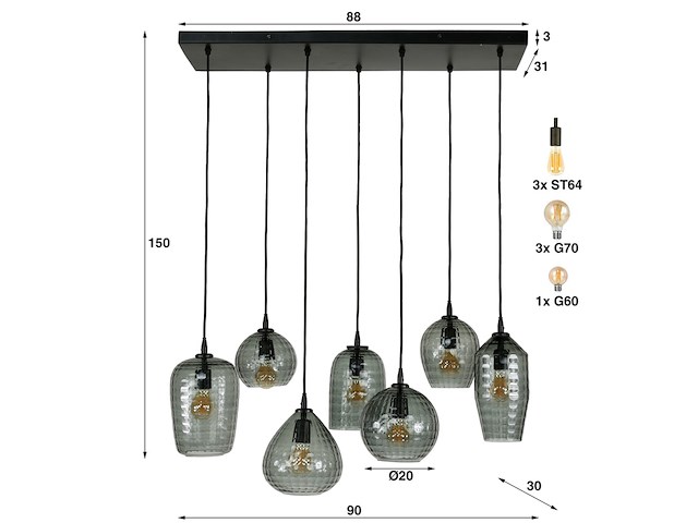 Hanglamp 4+3 hexagon mix en smoke grey glass - afbeelding 2 van  3
