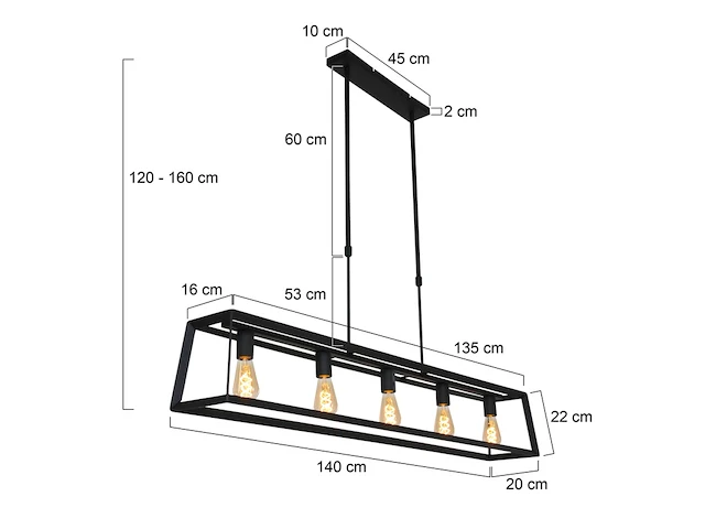 Hanglamp met 5 x een e27 fitting, mexlite, buckley 2675zw, zwart, 2027 - afbeelding 4 van  5