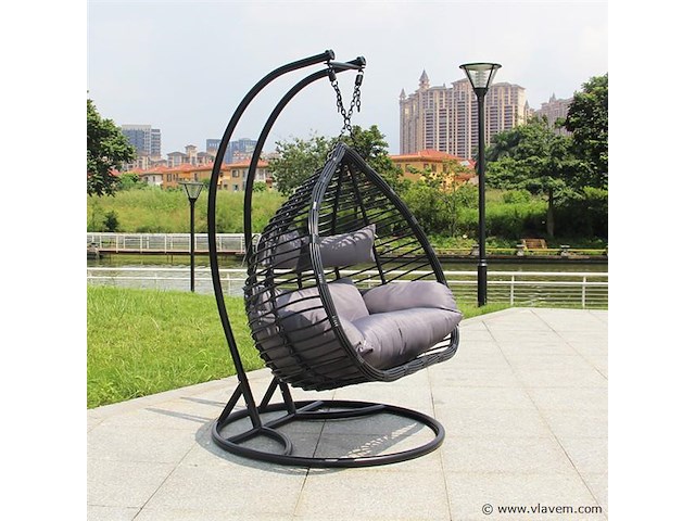 Hangstoel dubbel: 2 persoons 135 cm breed - hoogte 197 cm - zwart frame / grijze kussens - afbeelding 1 van  5