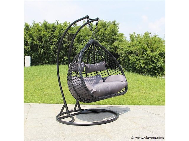 Hangstoel dubbel: 2 persoons 135 cm breed - hoogte 197 cm - zwart frame / grijze kussens - afbeelding 4 van  5