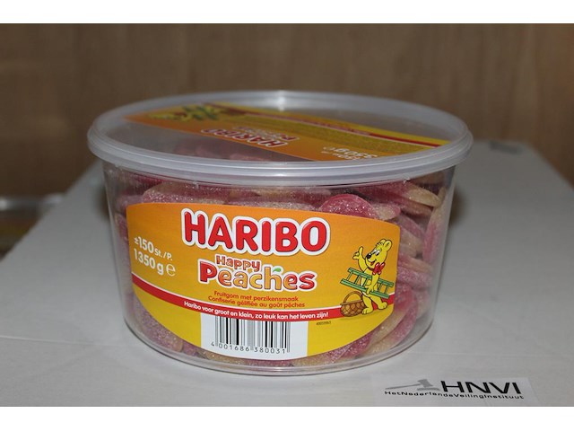 Happy peaches haribo in 4 overdozen met 6 emmers a 150 stuks. tht 8-2026. - afbeelding 1 van  2