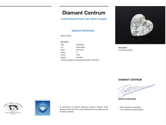 Hart vorm briljant van 3.00 carat (gecertificeerd) - afbeelding 3 van  4