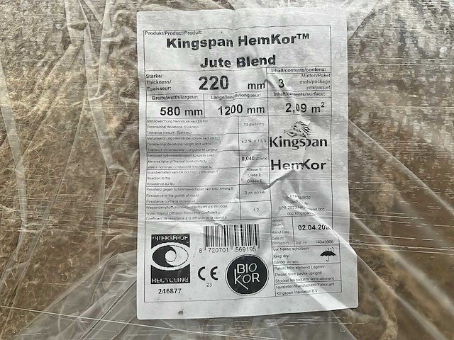 Hemkor - jute blend-hennep 220 mm (8 pak = 16,72 m2) - 1200 mm x 580 mm x 220 mm - isolatie - afbeelding 9 van  9