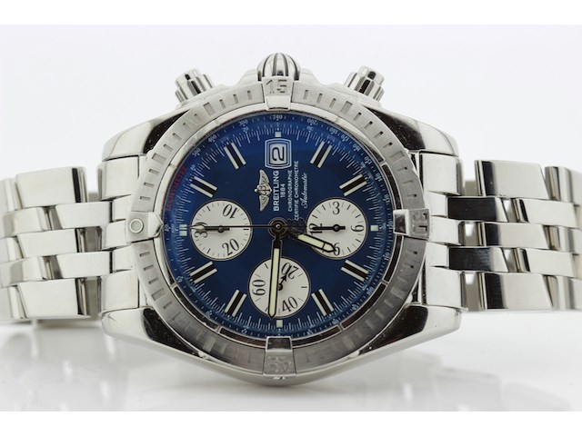 Heren chronograaf polshorloge, breitling, chronomat evolution, blauwe wijzerplaat, ca. 2010 - afbeelding 4 van  11